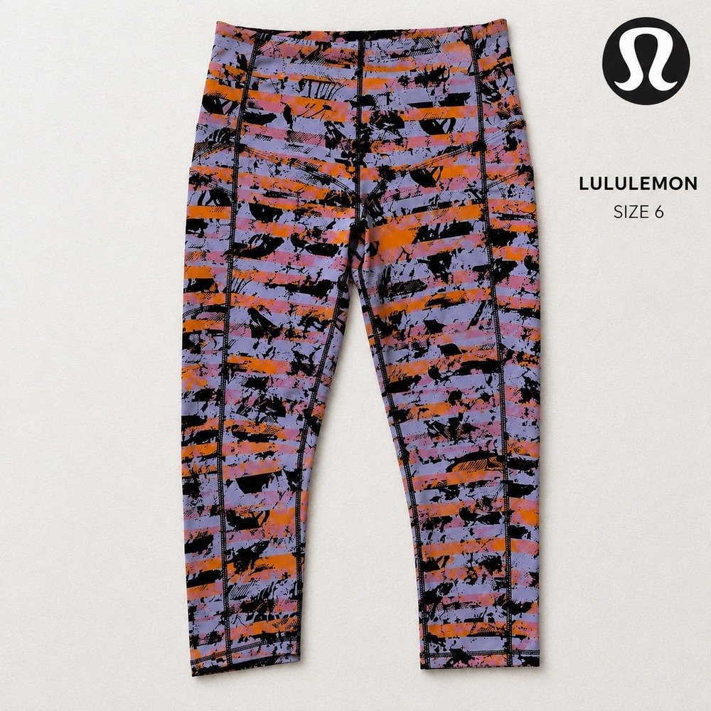 Lululemon Speed Up Crop‎ Leggings Size 6 Abstract Stripe Pink Orange Purple 21"